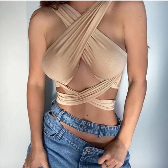 Khaki‎ Multi Way Wrap Halter Crop Top Backless Sexy Cutout Bandage Y2K Top - Picture 4 of 10